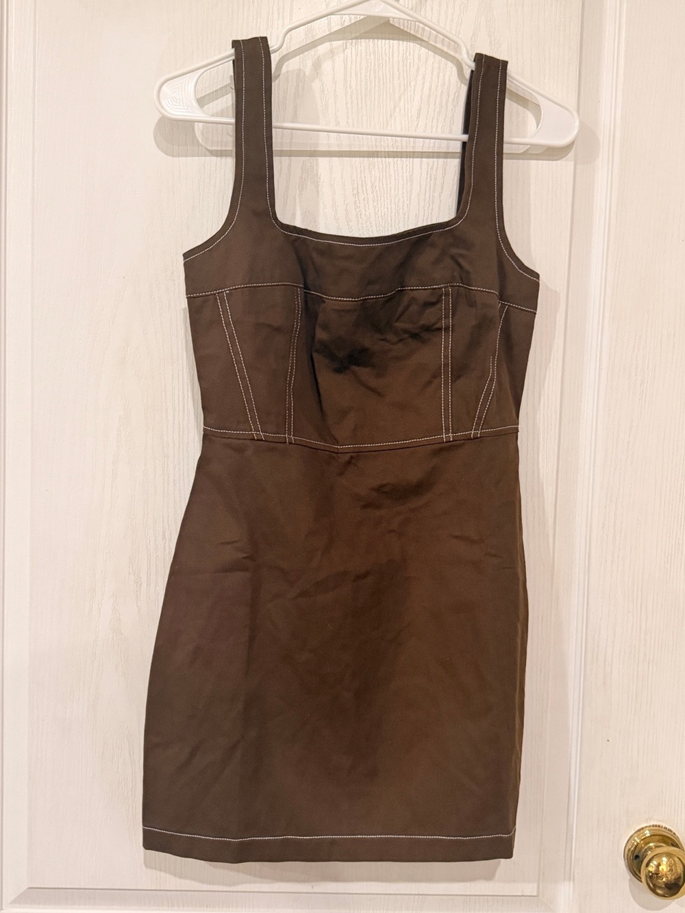 Sleeveless Brown Square-Neck Mini Dress with Contrast Stitching